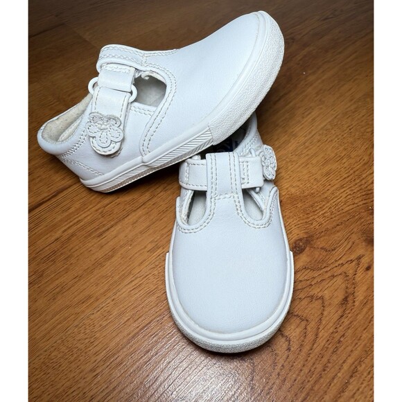 Keds Toddler Girl Shoes Daphne T-Strap White Leather Size 5 Hook Loop - Picture 1 of 9